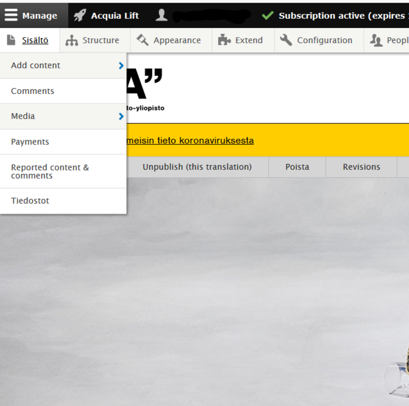 Screen shot of aalto.fi-website demonstrating the button to click to add content