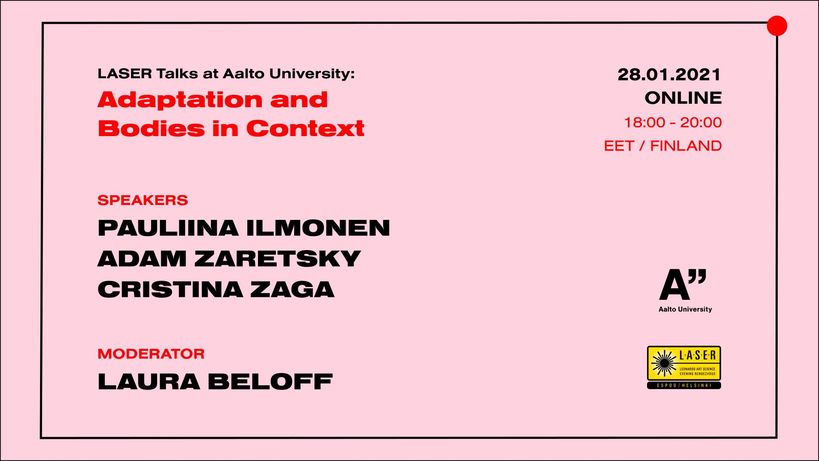A poster with a pink background with text stating the three speakers and moderator for Adaptation and Bodies in Context LASER talk