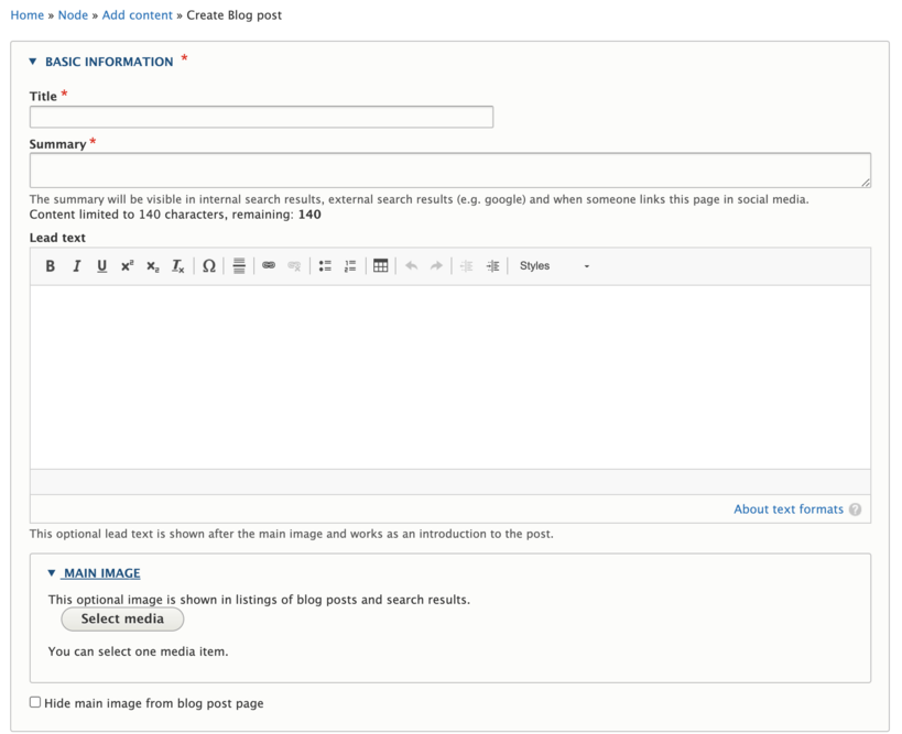 Screenshot of the basic information field for creating a blog post