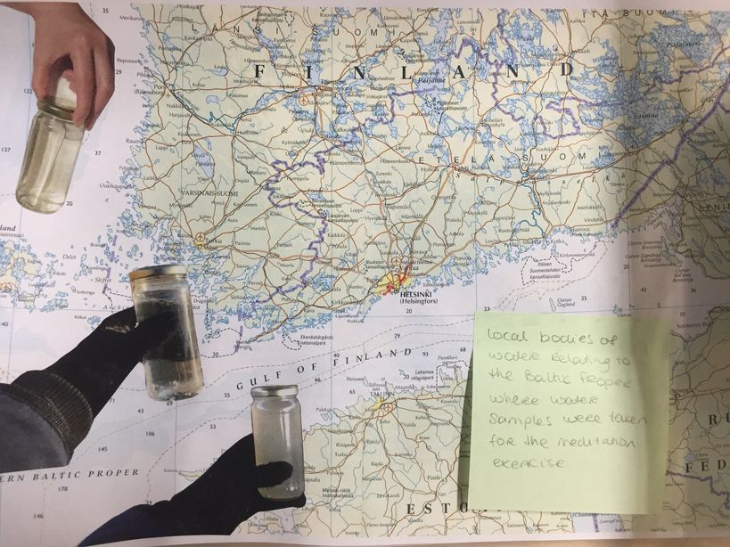 A collage of research from the Seeing (in) Waves project. Hands hold jars of water up to a map of Finland and a handwritten post-it note