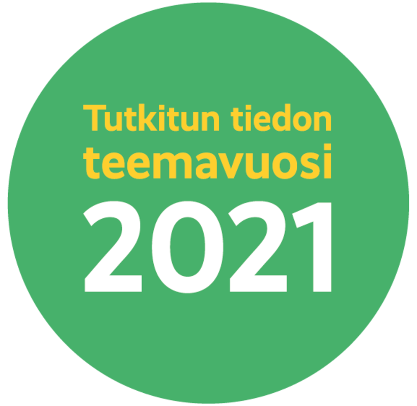 Tutkitun tiedon teemavuoden 2021 logo, jossa keltainen teksti vihreän ympyrän sisällä