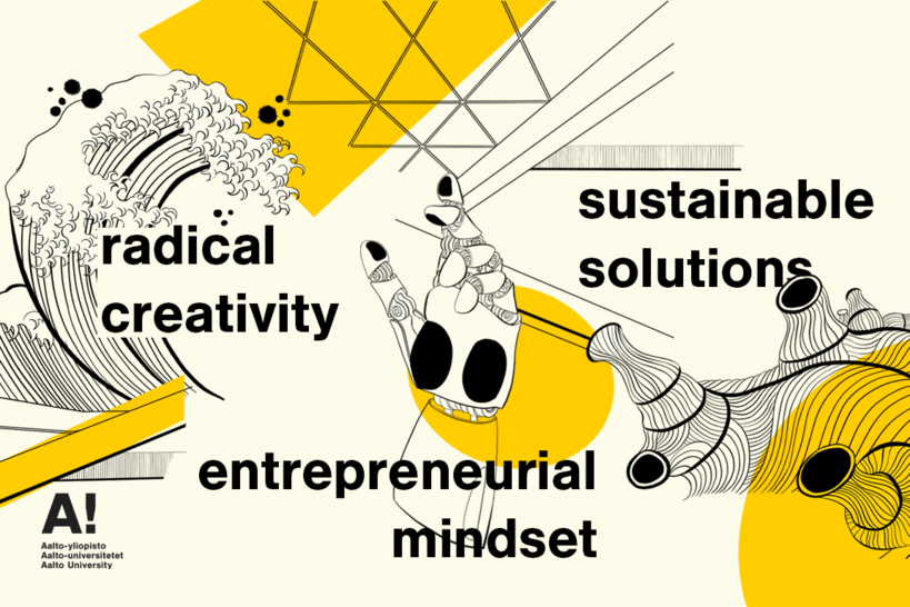 Illustration representing themes that cut accross all Aalto's operations - sustainable solutions, radical creativity and entrepreneurial mindset, illustration by Anna Muchenikova