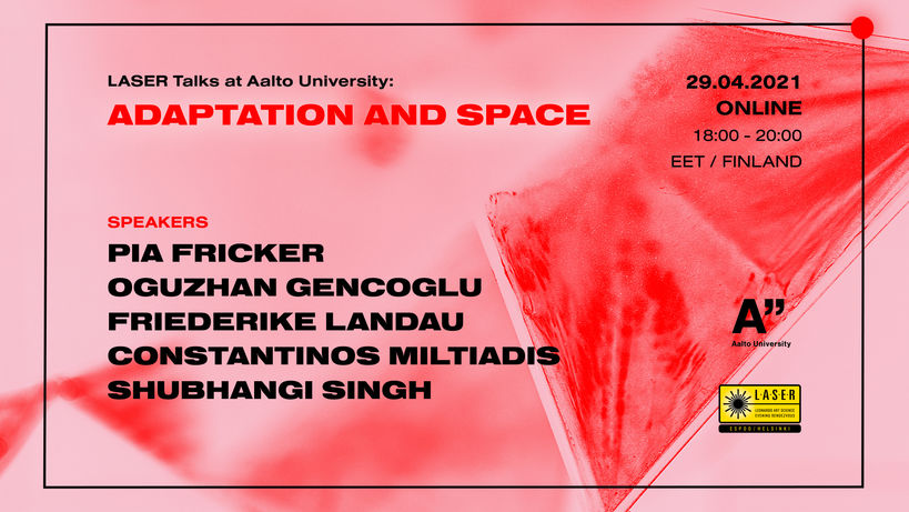 Banner for Adaptation and Space, second laser talk. Speakers names are in a black font in front of a geometrical image in pink and red tones