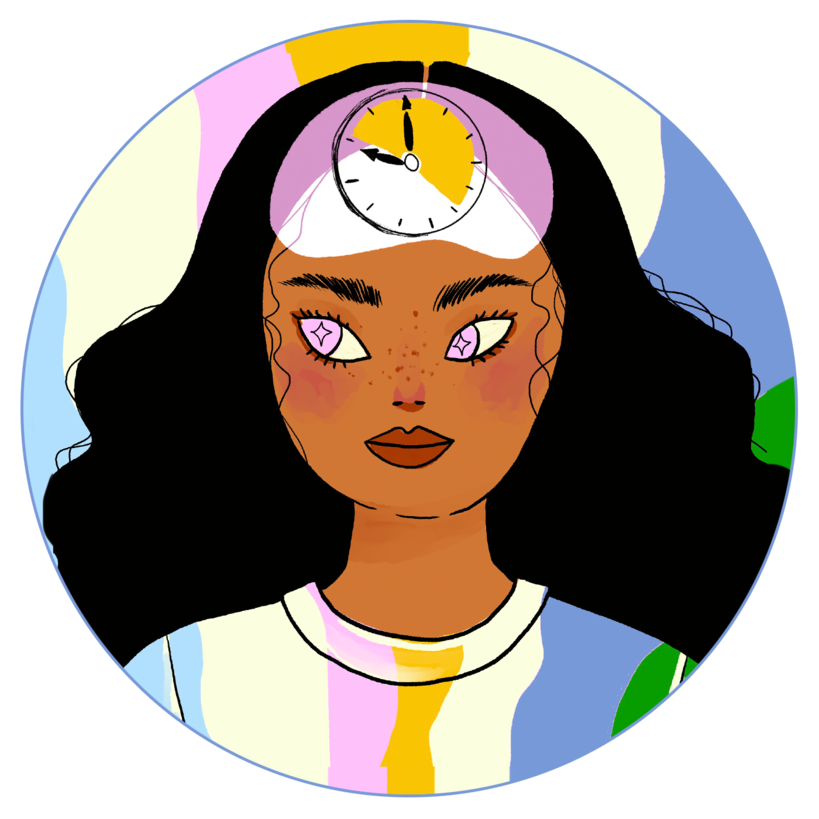 An illustration of a portrait of a black-haired woman who has an imaginary clock on her forehead.