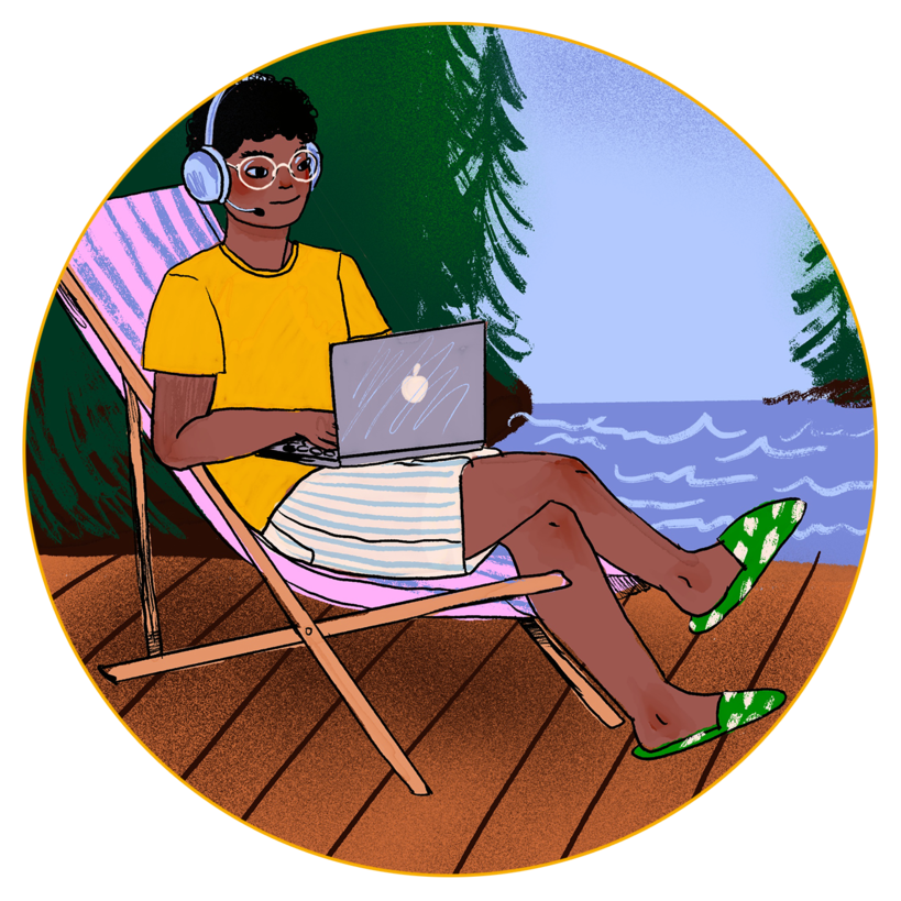 An illustration of a person sitting in a sun chair on a deck, having a laptop and wearing a headset and flip-flops. On the background, there are water and trees.