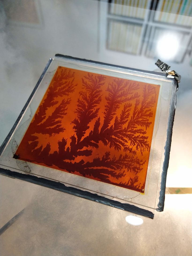 Photo showing a demonstration dye solar cell with spontaneous crystal growth inside due to drying of electrolyte