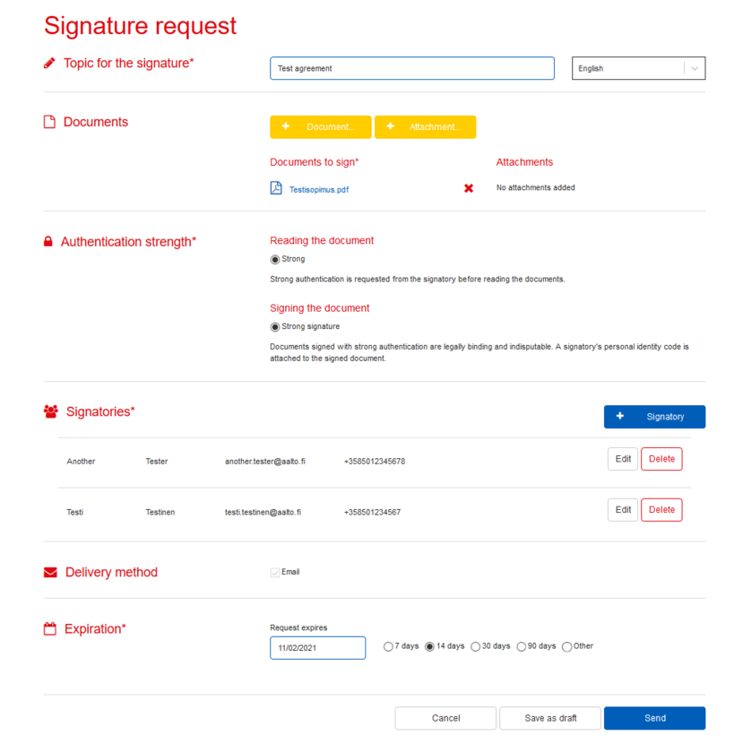 Signature request form