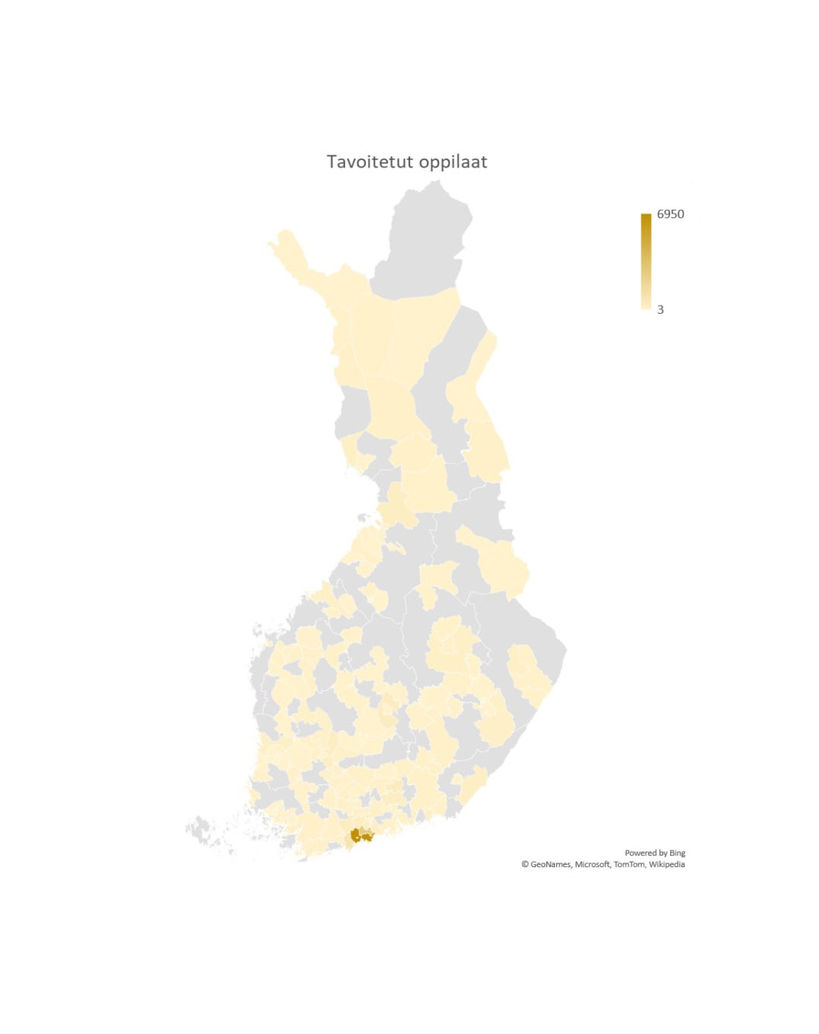 Suomen kartta, jossa keltaisella kunnat, joista on osallistuttu Aalto-yliopisto Juniorin toimintaan.