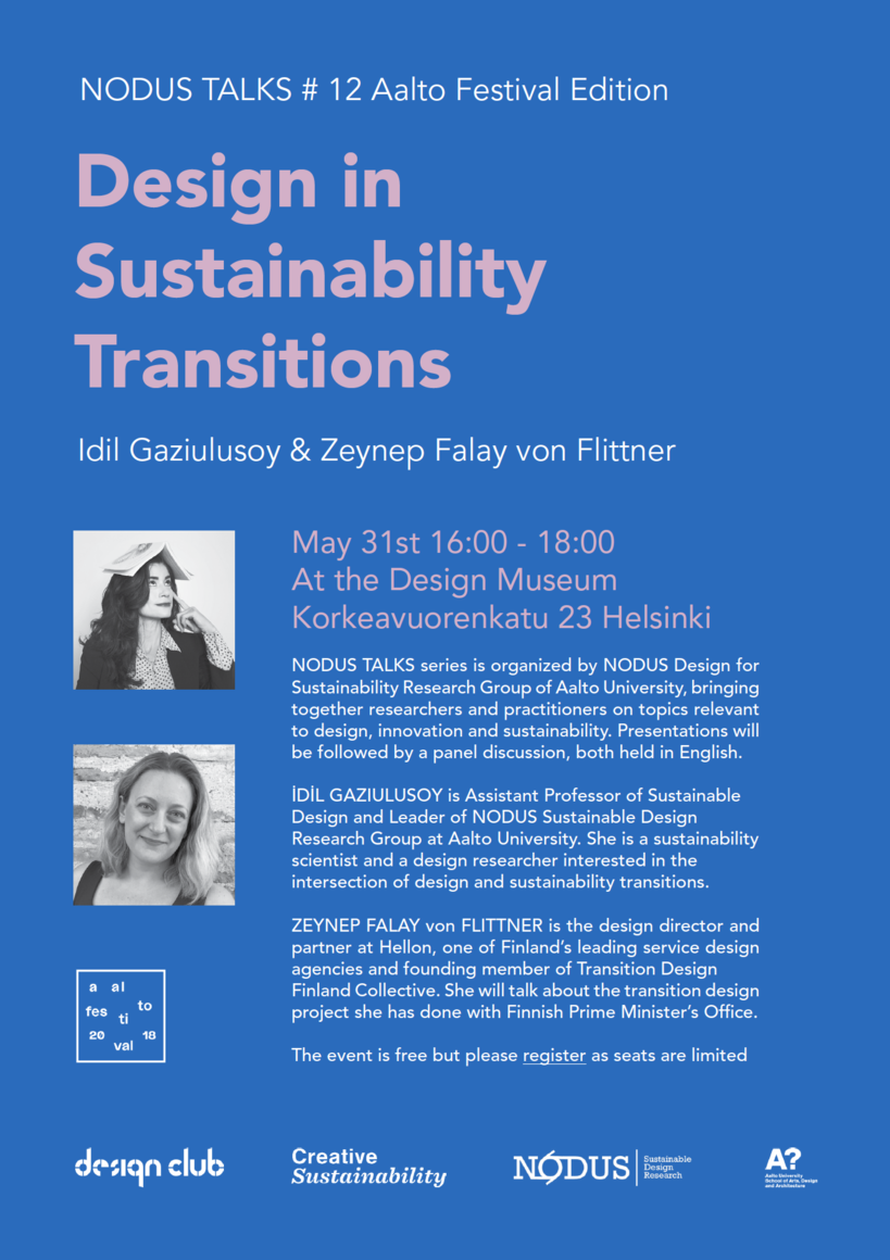NODUS TALKS series is organized by NODUS Design for Sustainability Research Group of Aalto University, bringing together researchers and practitioners on topics relevant to design, innovation and sustainability. Presentations will be followed by a panel discussion, both held in English.