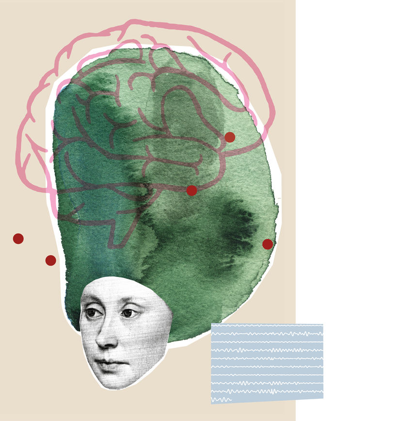 Kuvituskuvassa on mustavalkoiset ihmiskasvot ja niiden yläpuolella vihreäsävyinen piirroskuva aivoista. Kuvan sivussa on myös aivosähkökäyrää symboloivia aaltoviivoja. 