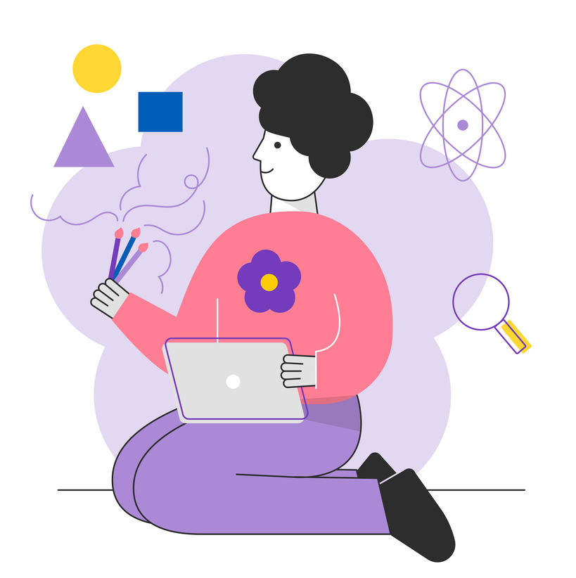 Graphic and colorful illustration of a person sitting on the floow holding a laptop in one hand and a set of paint brushes in the other hand.