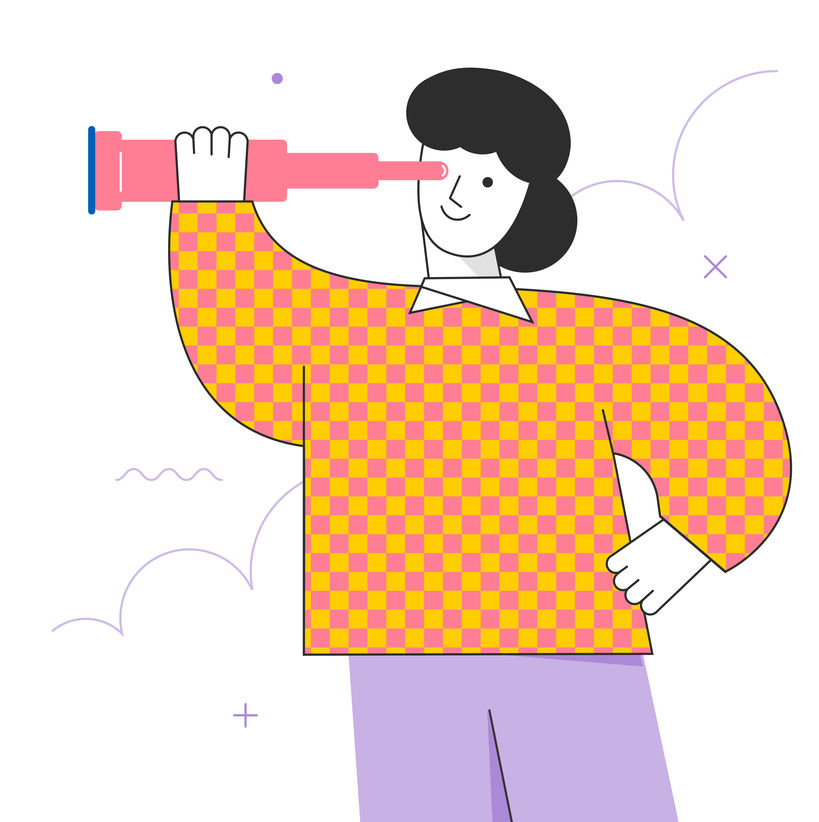 Graphic and colorful ullustration of a person smiling and looking towards the future through binoculars. 