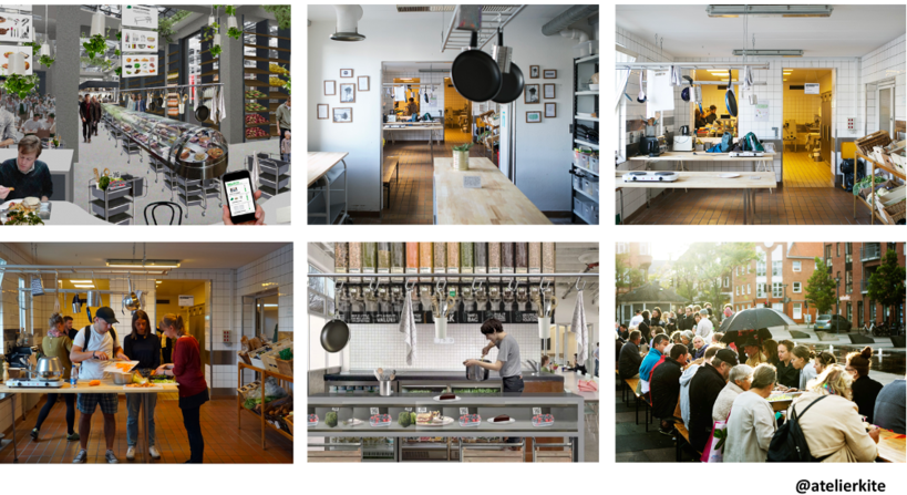 Composite image of six kitchen and eating scenes, indoor and outdoor, multiple people and situations