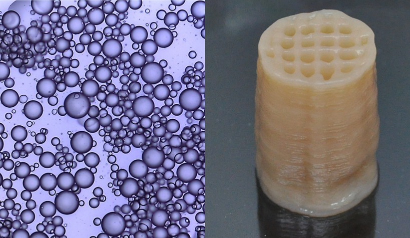 Composite image, left black outlines of partially transparent spheres on blue background; right 3D printed soft beige material in a cylinder shape