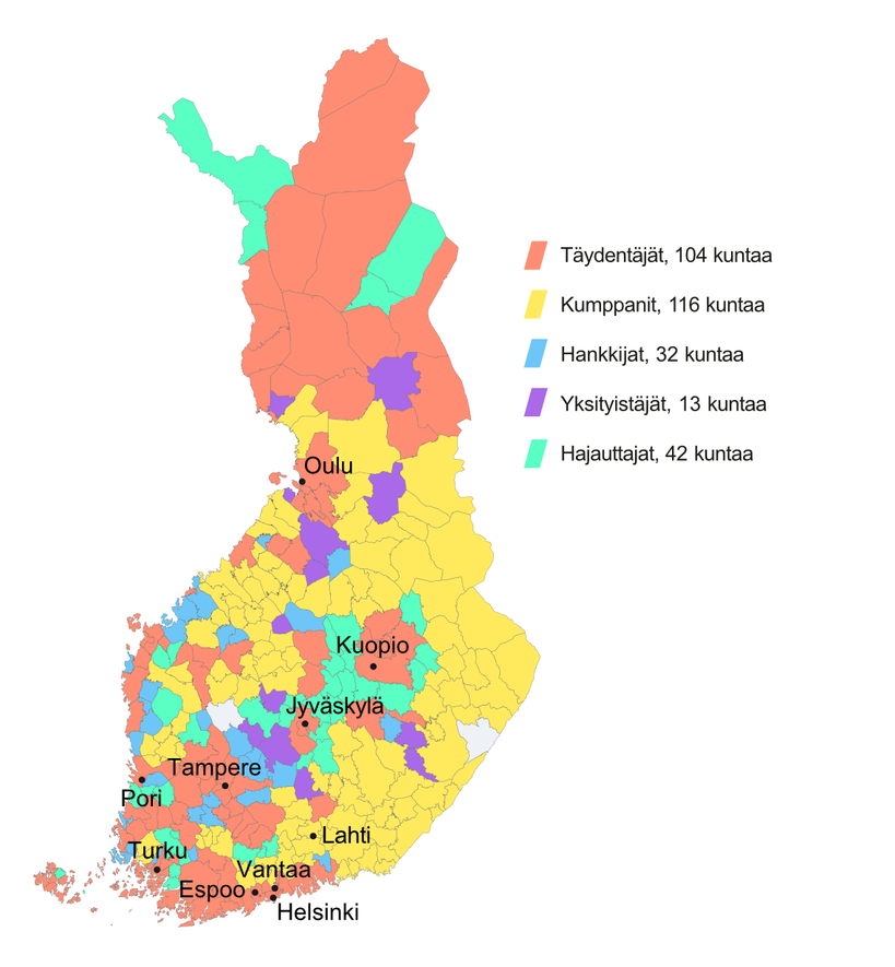 Sote-palveluiden järjestäminen Suomen kunnissa, kartta
