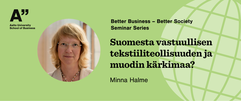Green background, image of the speaker and text: Suomesta vastuullisen tekstiiliteollisuuden ja muodin kärkimaa?