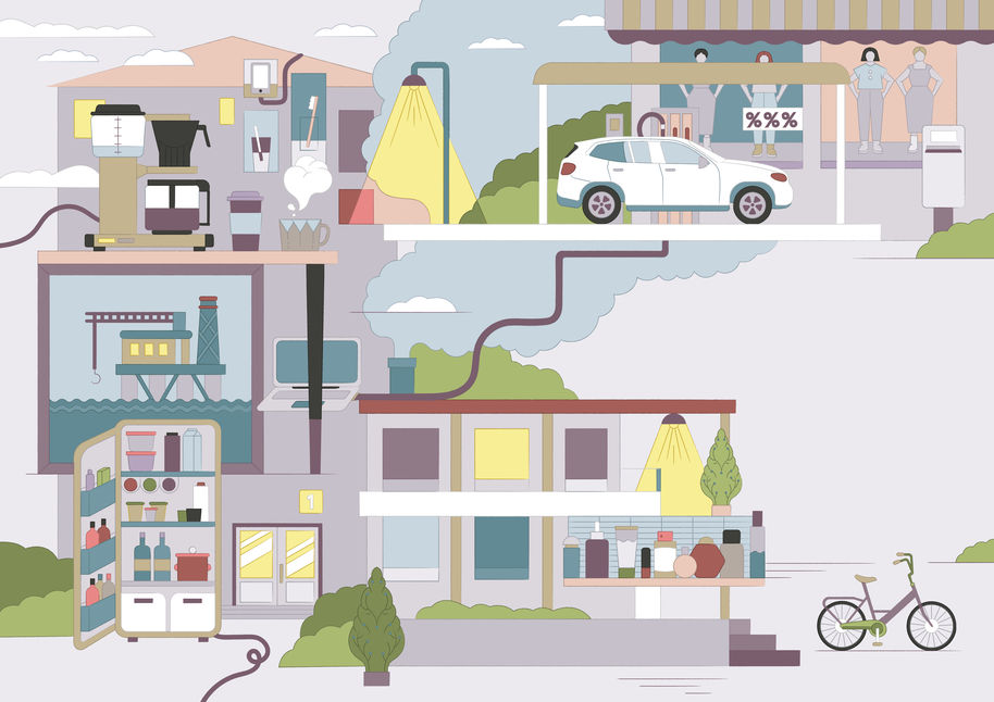Piirroskuvassa esitetään arkipäivän tavallisia esineitä, kuten kahvinkeitin, jääkaappi, suihku, sekä liikennevälineitä, kuten auto ja polkupyörä, sekä rakennuksia. Kuvittaja: Jolanda Jokinen.