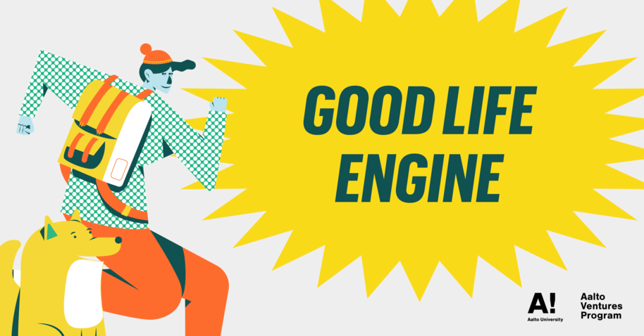 Good Life Engine: First steps colorful event banner with an illustration of a person and a dog
