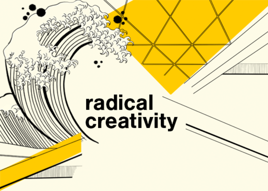 Radical creativity illustration, showing wave and some details from campus architecture, illustration by Anna Muchenikova