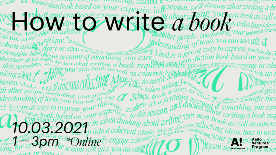 On light background, lots of distorted text in a green, serif font. Black title says "How to write a book".