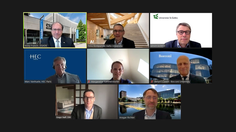 The picture shows a screen shot of the deans of the participating schools and universities at a virtual meeting.