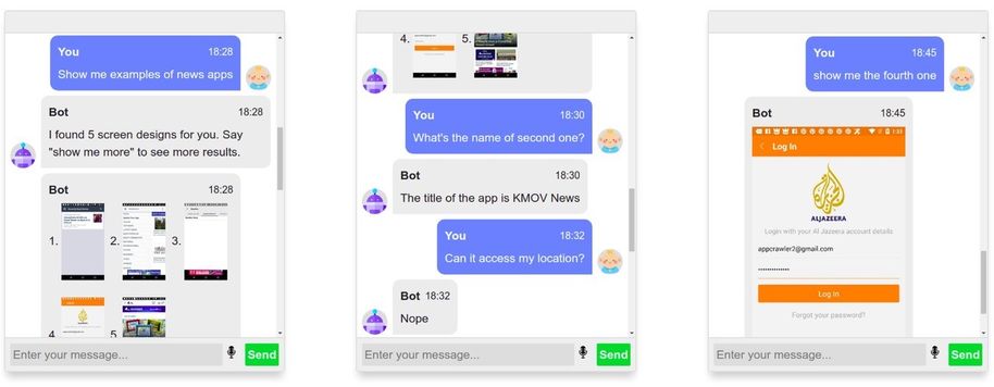 Hey GUI is a chatbot that can be used to find images or textual information about apps and their user interfaces using natural language conversations. 
