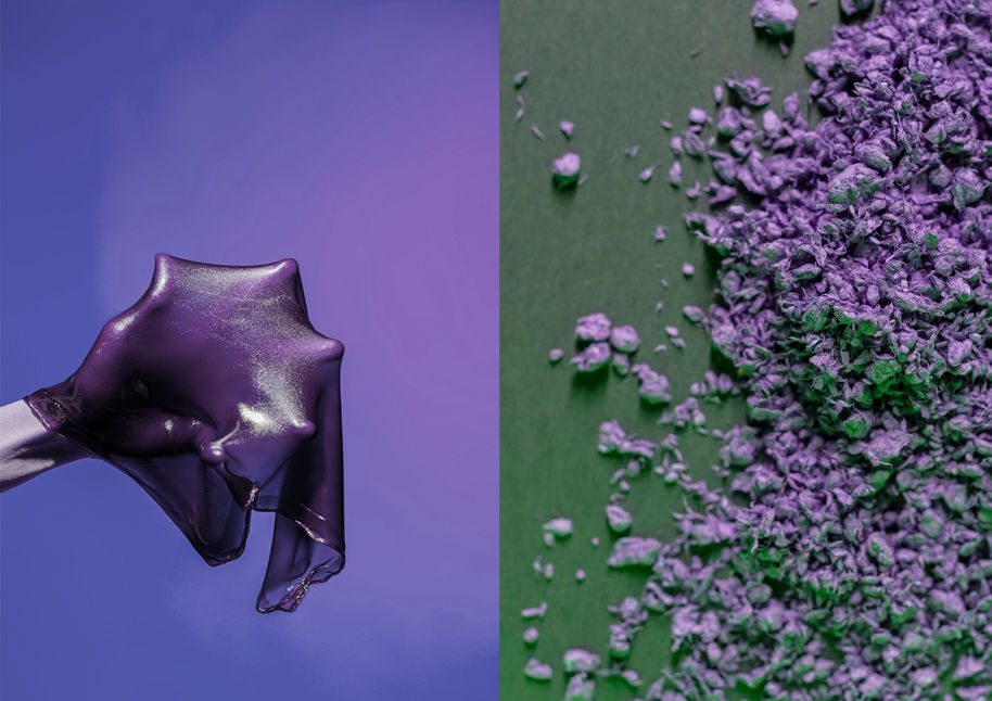 Left: purple film coating on a human hand with purple background, right purple and green dried plant material