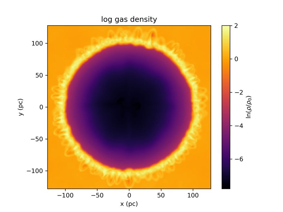 Simulated supernova remnant gas density with turbulent shell