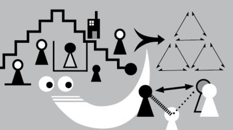 This is a vector illustration with simple abstract and graphic, sign like, elements. The elements shapes refer to steps, a building, eyes, human figures. There are different types of lines used: thick, thin and dotted. There are arrows connecting different shapes. In addition there is a wavelike circular element and a triangle.