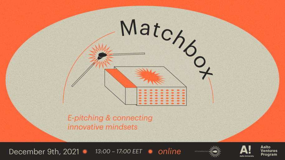 An orange and beige banner with an illustration of matches igniting and a matchbox. The text around says "Matchbox - E-pitching & connecting innovative mindsets".