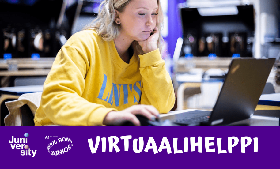 Nainen keltaisessa paidassa käyttää kannettavaa tietokonetta. Alalaidassa violetti palkki, jossa Aalto-yliopisto Juniorin ja Tampereen yliopiston Juniversityn logo sekä teksti virtuaalihelppi.