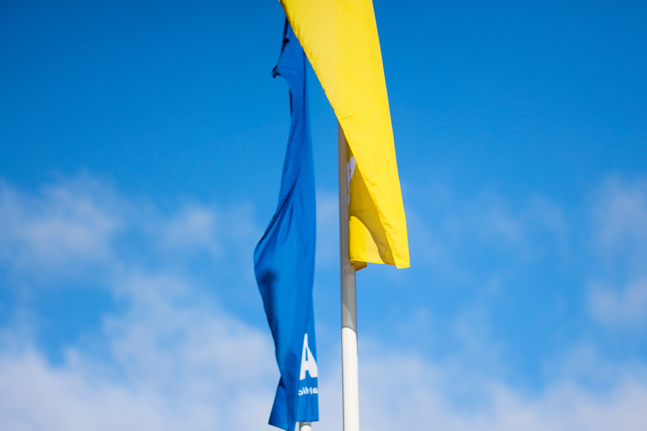 Blue and yellow flags.