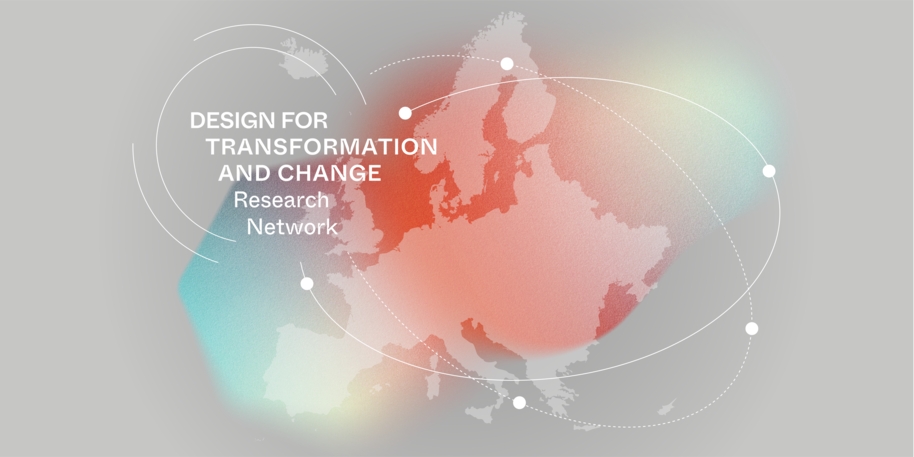 Design for Transformation and Change Research Network. Shows a map of Europe on a grey background, overlayed with a blue and red textured blur and orbit lines