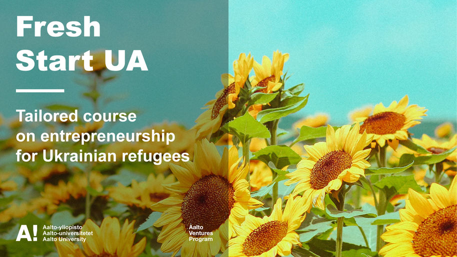 Title image for "Fresh UA" course. Sunflower field and blue sky. Tailored course on entrepreneurship in Finland for Ukrainian refugees