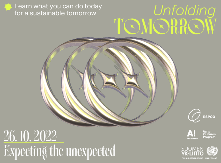 Gray, futuristic decorative banner with the text "Unfolding Tomorrow - Expecting the unexpected"