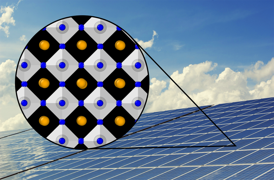 A solar panel with blue sky and a graphic showing perovskite material