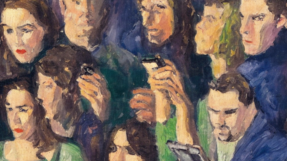 Computer-generated image, in post-impressionist style, of a group of men and women looking at their mobile phones.
