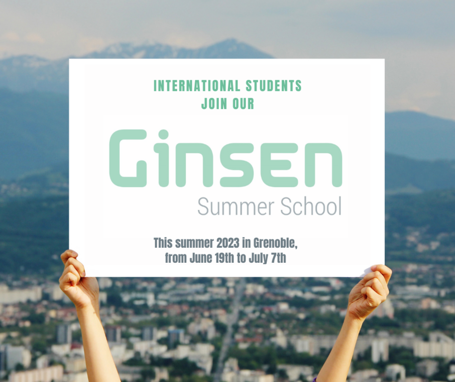 Grenoble city and the Alps in the background. Hands holding a sign inviting students to apply to GINSEN summer school. 