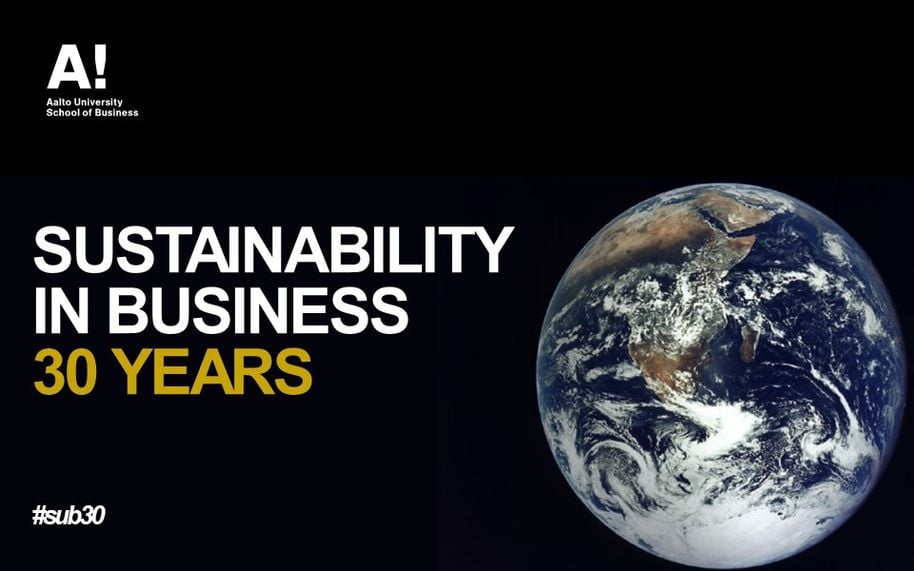 A picture of the earth on a black background with the text "Sustainability in business 30 years #sub30"