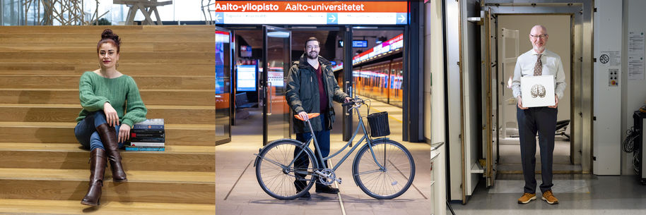 Three images showing the professors. On the left, İdil Gaziulusoy is sitting on a staircase with a pile of books. In the center, Miloš Mladenović is standing with his bike at the Aalto University metro station. On the right, Matti Hämäläinen is standing in the lab holding a square frame with a picture of a brain.