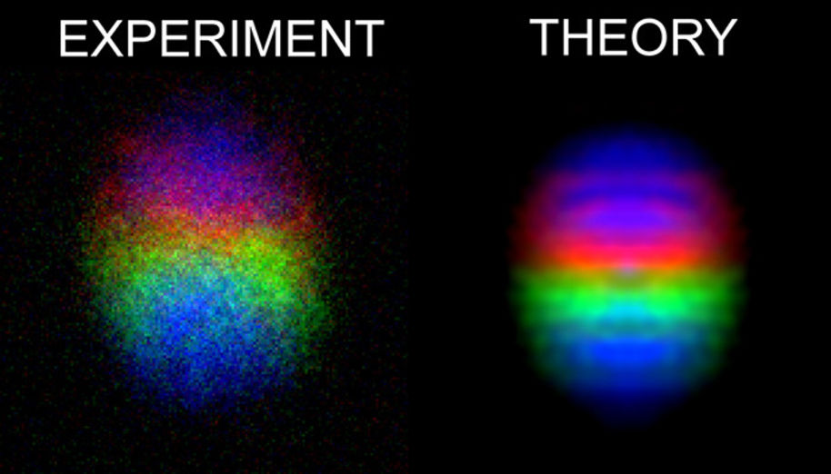 Kuva kokeellisesti luodusta Bosen-Einsteinin kondensaatista, jossa on monopoli (vasemmalla) ja vastaava teoreettinen ennustus (oikealla). Kirkkaampi väri tarkoittaa suurempaa hiukkastiheyttä ja värin eri sävyt kuvaavat atomien sisäistä spin-vapausastetta. Monopoli sijaitsee keskellä kondensaattia.