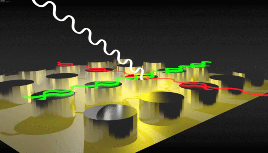 Magnetic nanoparticles arranged in arrays put a twist on light: depending on the distance between the nanoparticles, one frequency of light (visible to the human eye by its colour) resonates in one direction; in the other direction, light (induced by quantum effects in the magnetic material) is enhanced at a different wavelength.