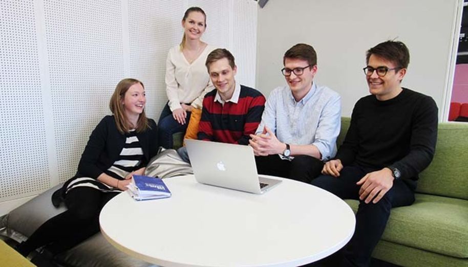 The students from the Master’s Programme in Industrial Engineering and Management gained insight into innovation and business development work in Stora Enso. From the left: Judith Maier, Helena Henno, Aleksi Purkunen, Julius Särkkälä and Christian Mohn. Photo: Johanna Lassy / Aalto University.