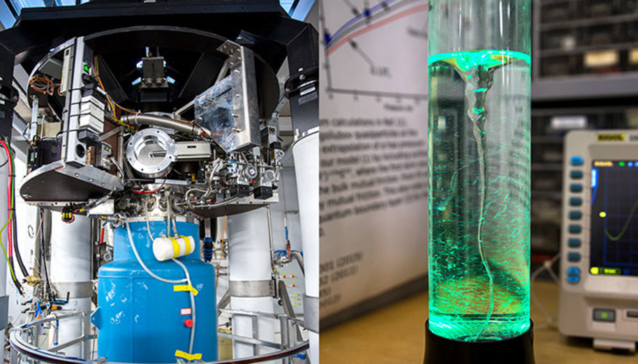 Rotating cryostat with the superfluid helium near absolute zero (left); a novelty model of a vortex inside a container (right) similar to the one inside the cryostat. The actual vortices are perfectly even, whereas in the model, the vortex varies in thickness. Image: Aalto University/Tapio Reinekoski