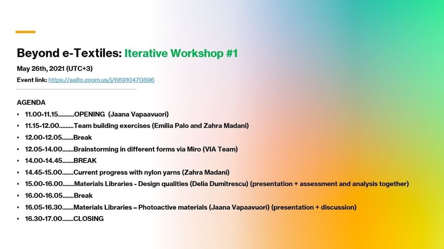 Agenda for the first iterative workshop of the 'Beyond e-Textiles' project. Image by Aalto University, Giulnara Launonen 