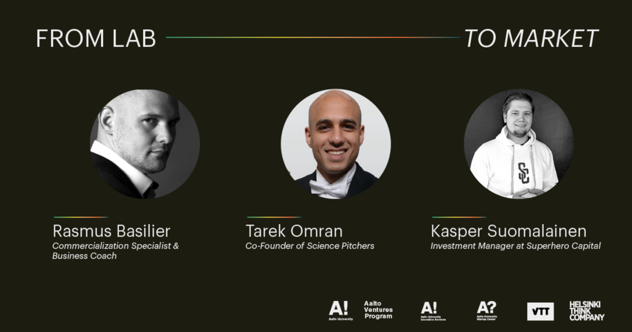 Profile pictures of the three speakers: Rasmus Basilier, Tarek Omran and Kasper Suomalainen