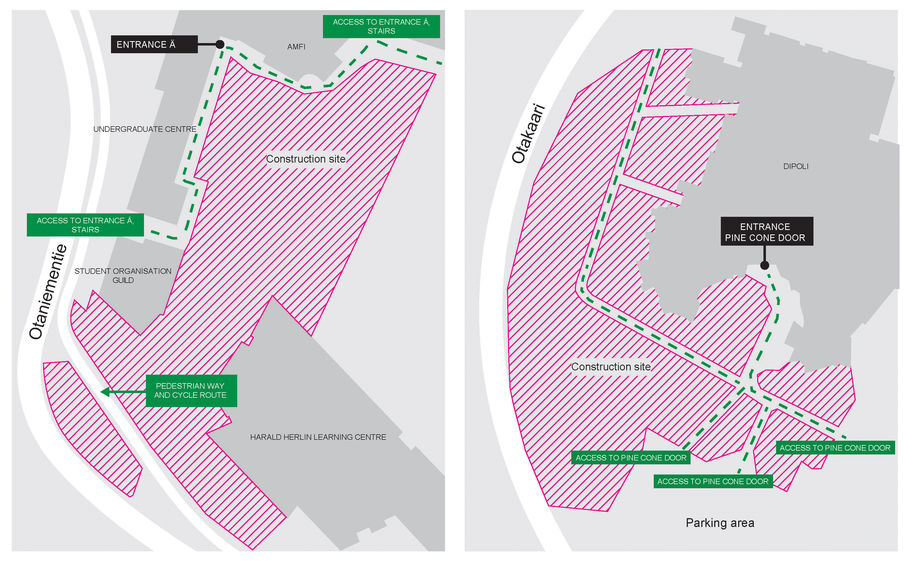 Illustration images of outdoor construction site maps, Undergraduate Centre on the left and Dipoli on the right