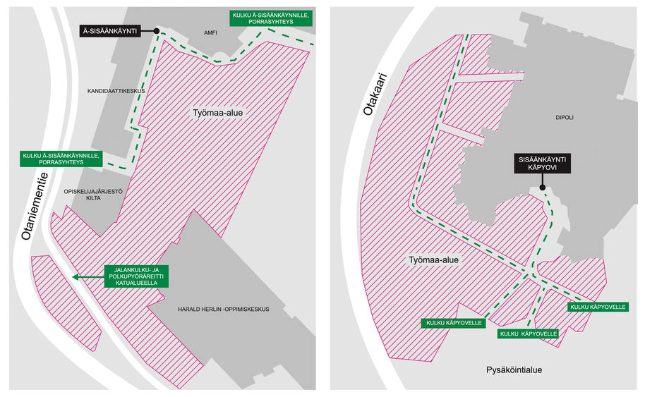 Illustration images of two maps, on the left illustrating access to Undergraduate Centre, on the right illustrating access to Dipoli