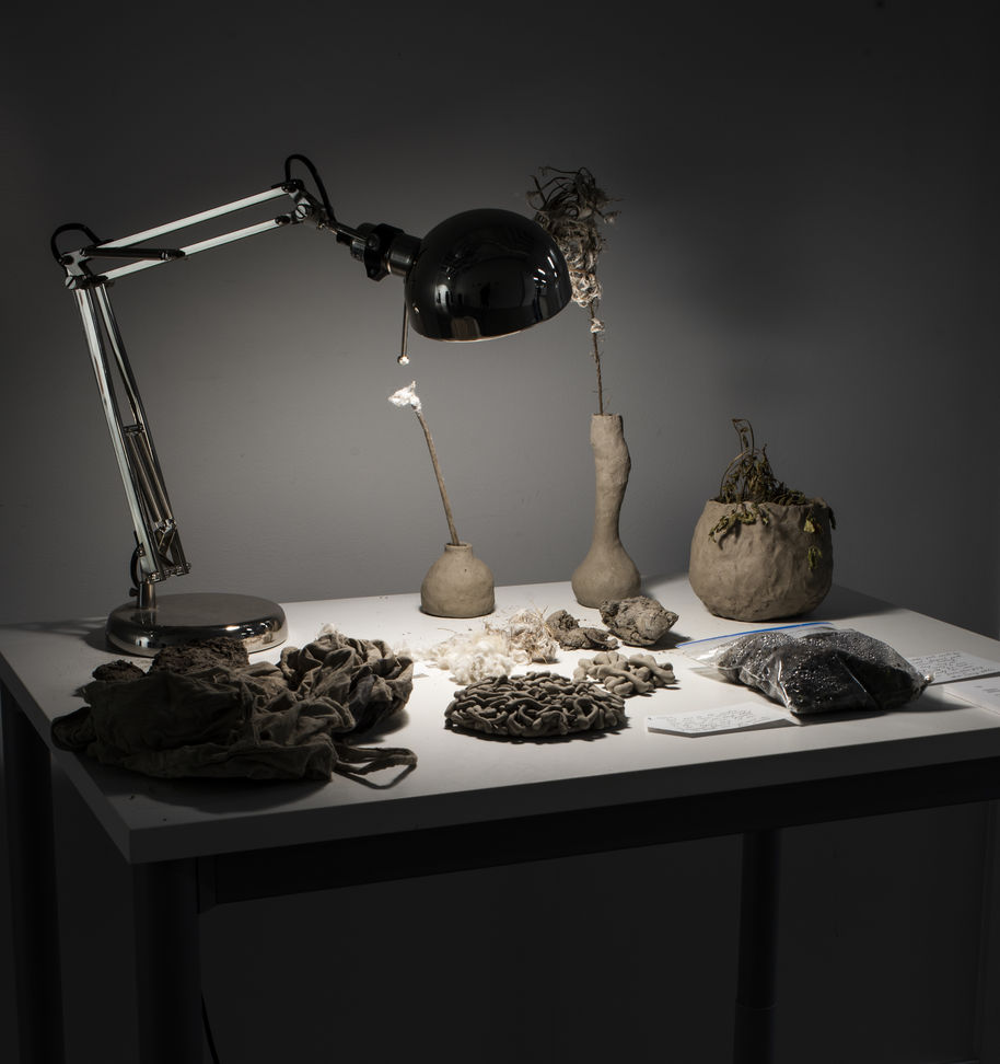 clay objects on a table with a lamp