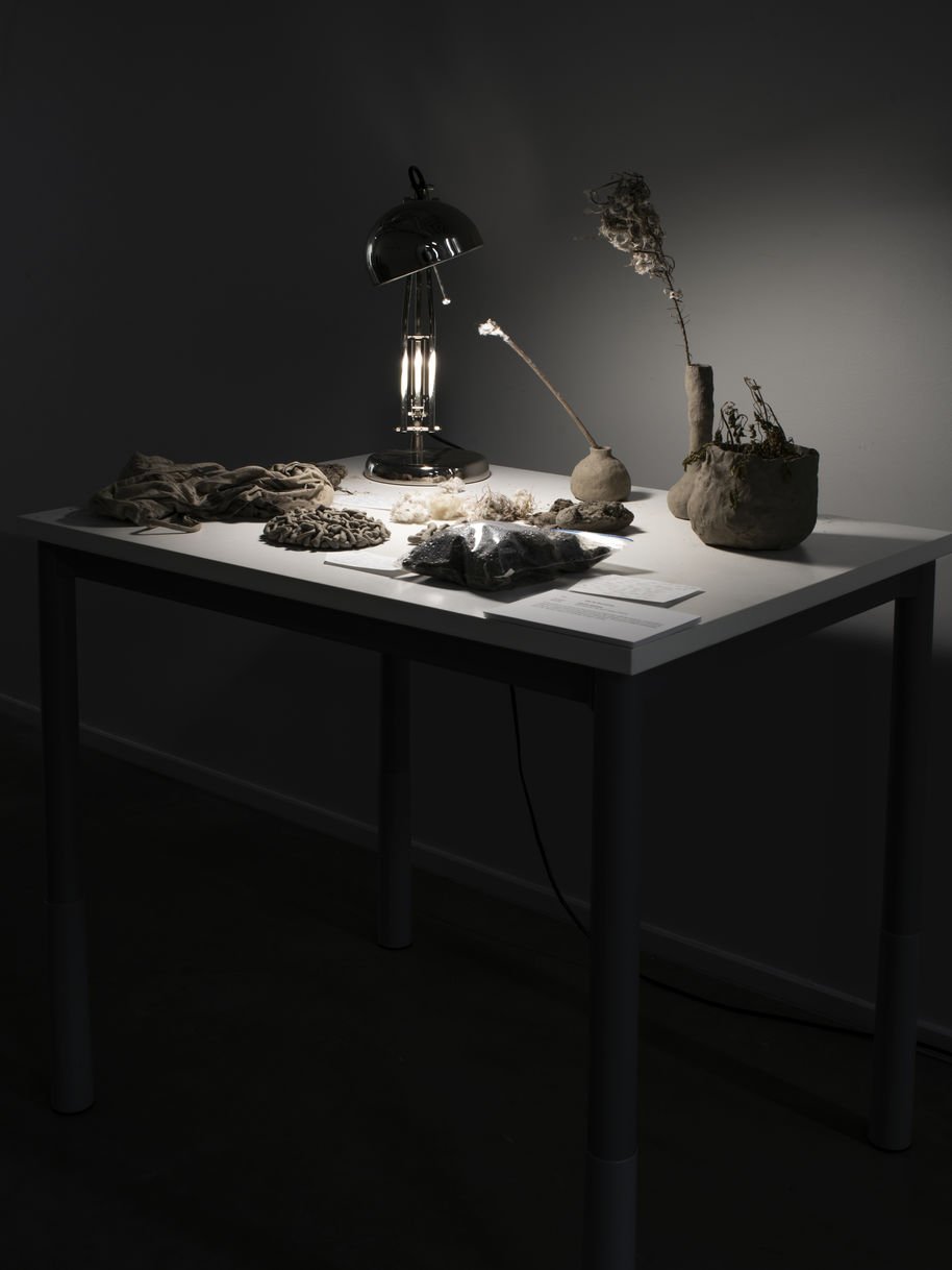 clay objects on a table with a lamp